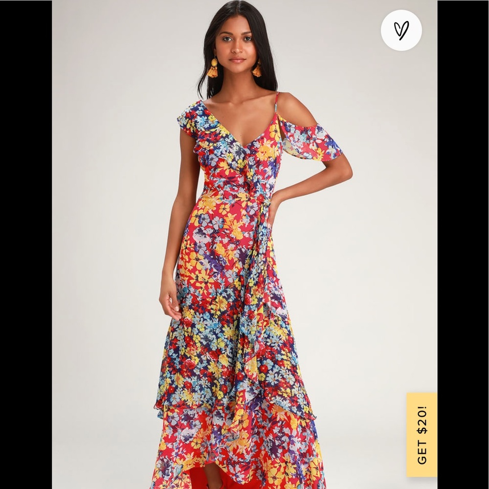 LuLus radiant ruby red floral print chiffon maxi dress